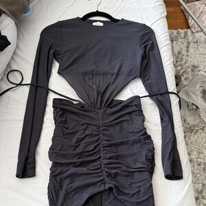 Oh Polly Black Long-Sleeve Ruched Cutout Midi Dress